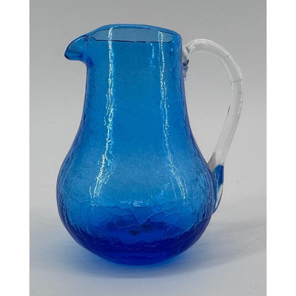 BLENKO Pilgrim Other - Blenko or Pilgrim Style Cobalt Crackle Glass Pitcher Decor Creamer Jug 3.5 in